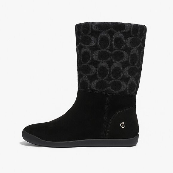 Coach Signature Suede Knit Logo Mid-Calf Boots Black Gray Women’s Cozy Winter - Picture 1 of 12
